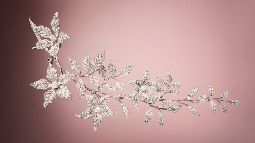 A brooch from around 1850 is designed as a spray of flowers. It features 40 carats of old, round and rose-cut diamonds. The piece, which made almost 12 times its high estimate, also includes pins so the jewel can be worn in the hair at Christie's image