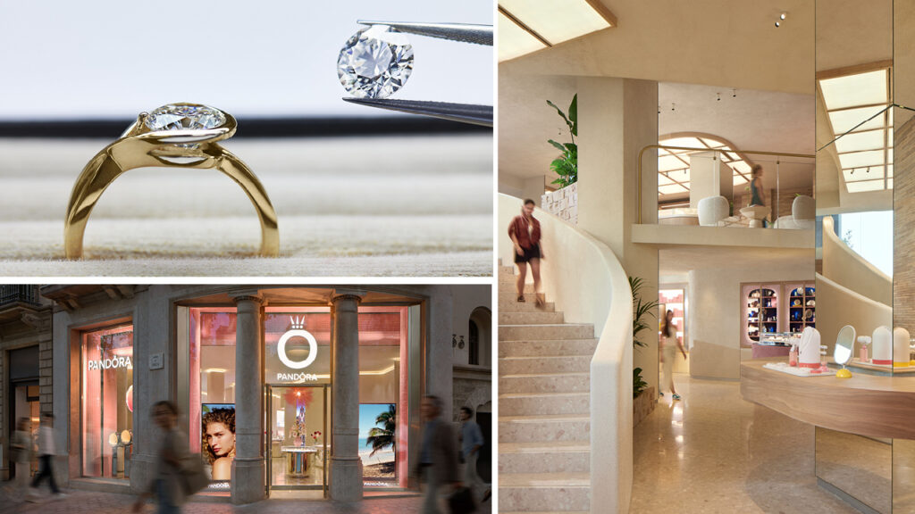 Pandora lab-grown diamonds and jewelry (top left); Pandora's new Barcelona store (bottom left); Pandora's new Milan shop (right) image