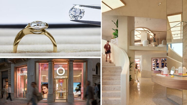 Pandora lab-grown diamonds and jewelry (top left); Pandora's new Barcelona store (bottom left); Pandora's new Milan shop (right) image