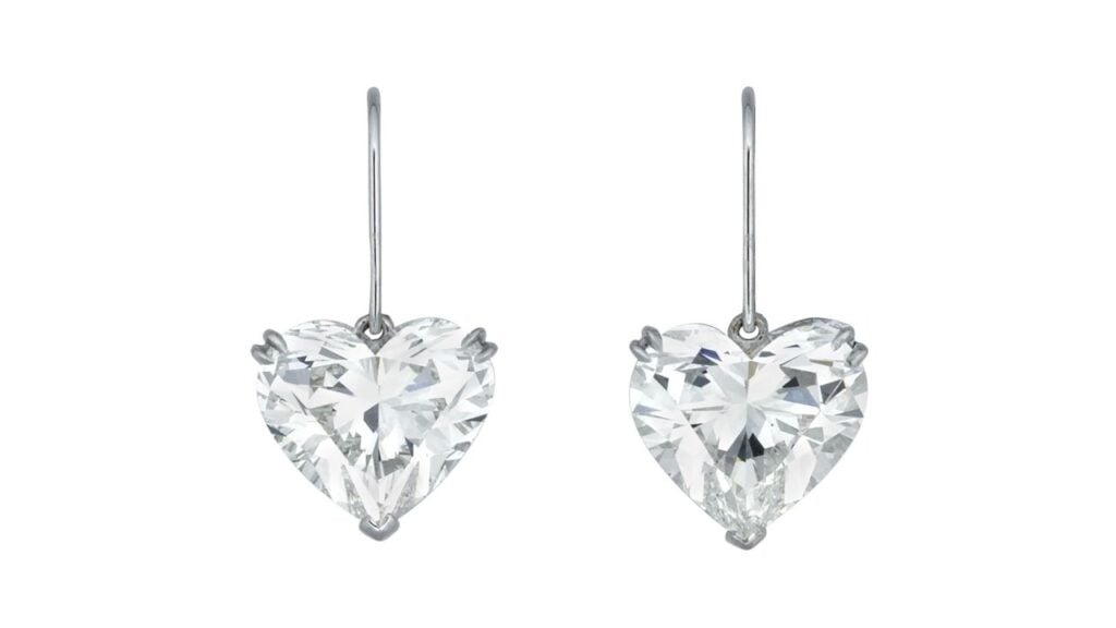 A pair of diamond earrings features heart brilliant-cut diamonds, one a 5.09-carat, G-color, VS2 and the other a 5.20-carat, H, VVS2 diamond at Christie's image