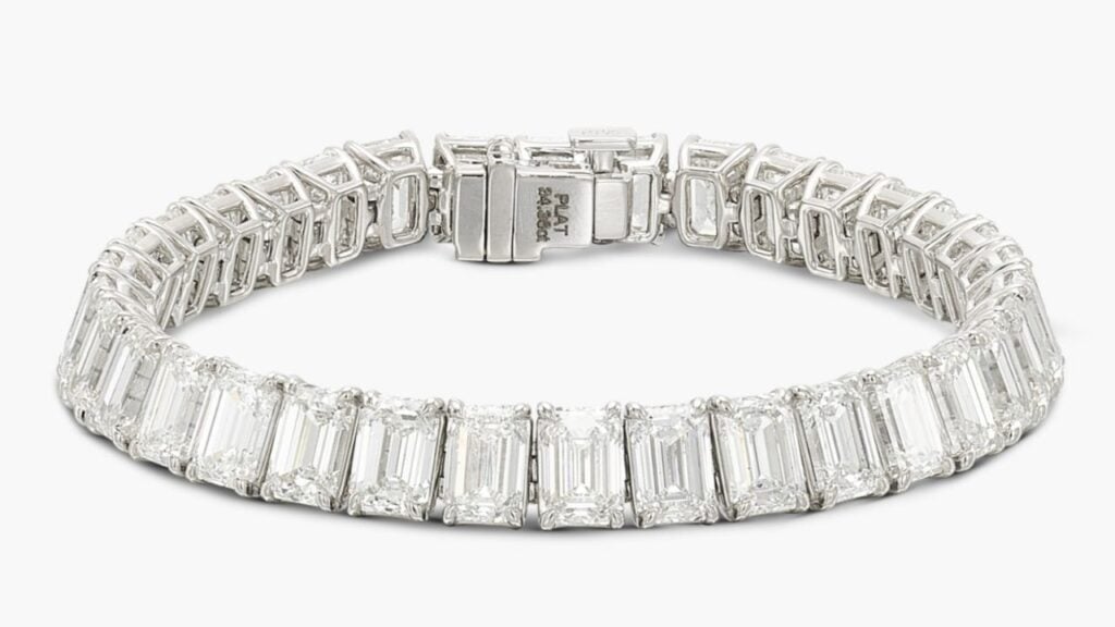 A bracelet comprising 36 emerald-cut diamonds, ranging from 1 to 1.04 carats, D to F color, and VVS1 to VS2 clarity, with a total weight of 34.36 carats at Sotheby's image