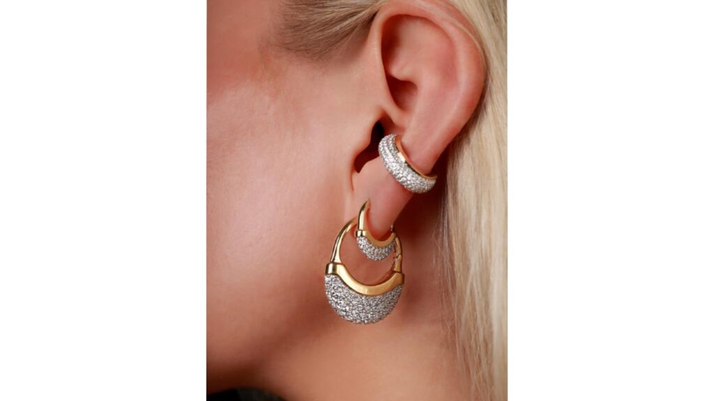 Diamond-set Luna hoops and ear cuff on model image