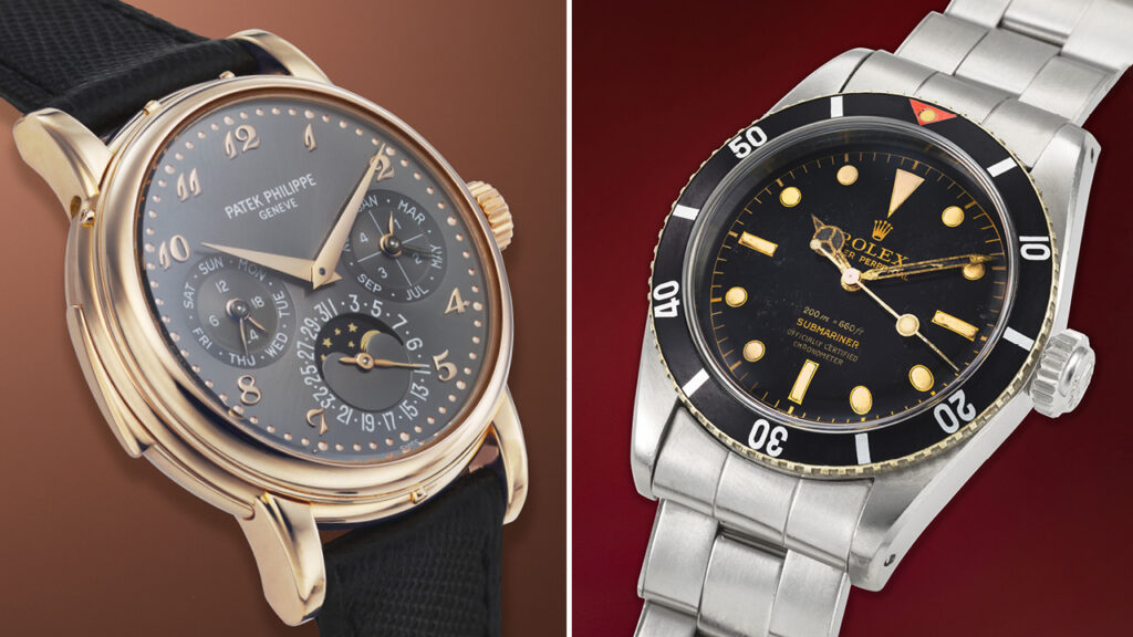 A pink-gold Patek Philippe automatic minute-repeating perpetual calendar wristwatch (left), and a stainless steel Rolex automatic wristwatch with sweep center seconds and black gilt dial image