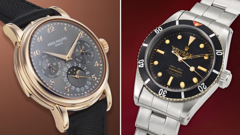 A pink-gold Patek Philippe automatic minute-repeating perpetual calendar wristwatch (left), and a stainless steel Rolex automatic wristwatch with sweep center seconds and black gilt dial image
