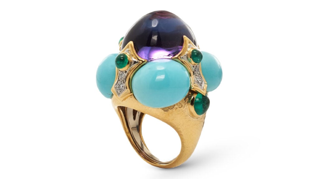 Crown ring with amethyst, turquoise, emeralds and diamonds image