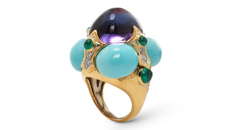 Crown ring with amethyst, turquoise, emeralds and diamonds image
