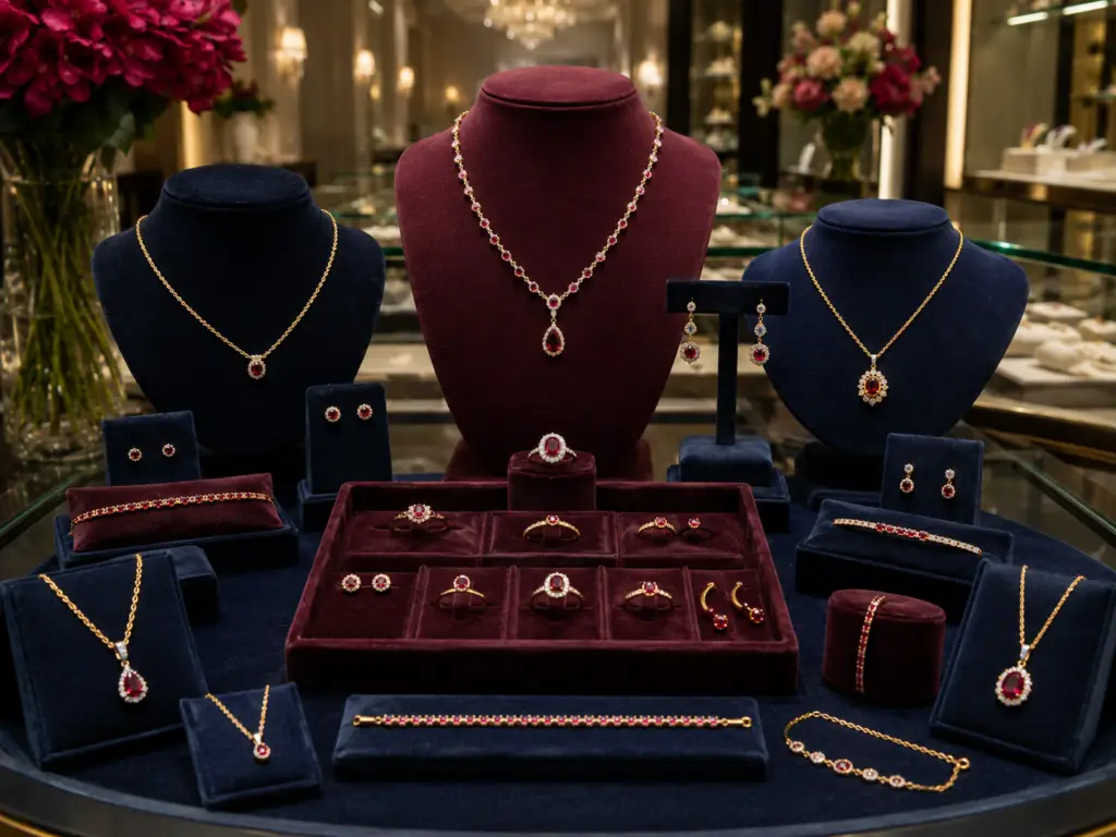 Ruby jewelry in a display case