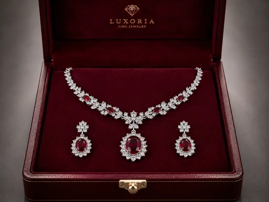 Ruby and diamond necklace and earring set in a velvet box.
