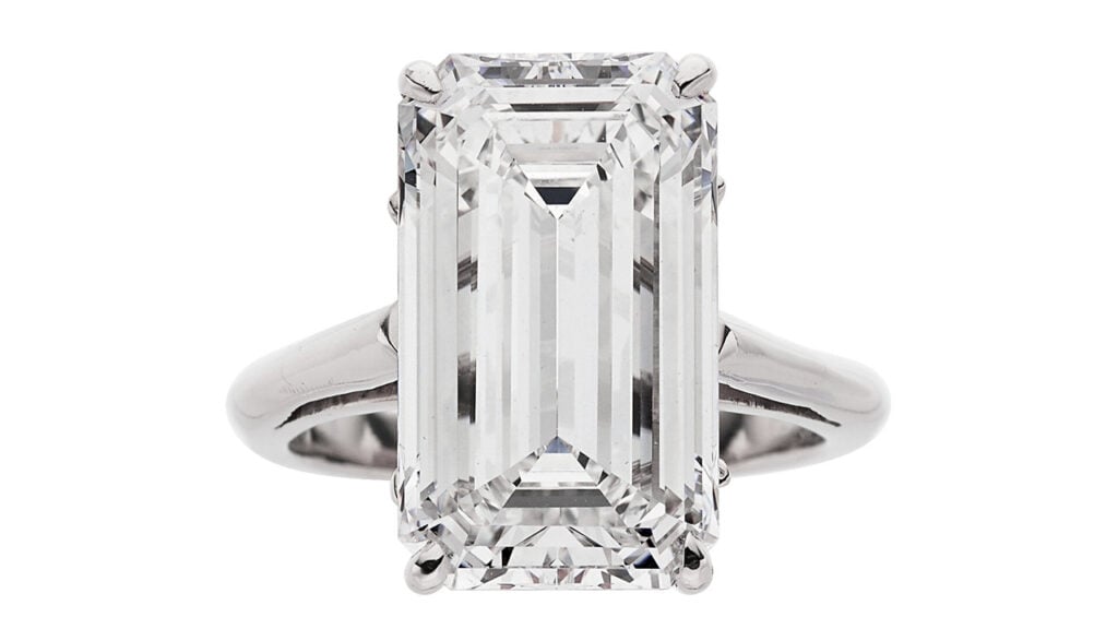 A ring centering an emerald-cut, 8.17-carat, F-color, VS1-clarity diamond at Heritage Auctions image