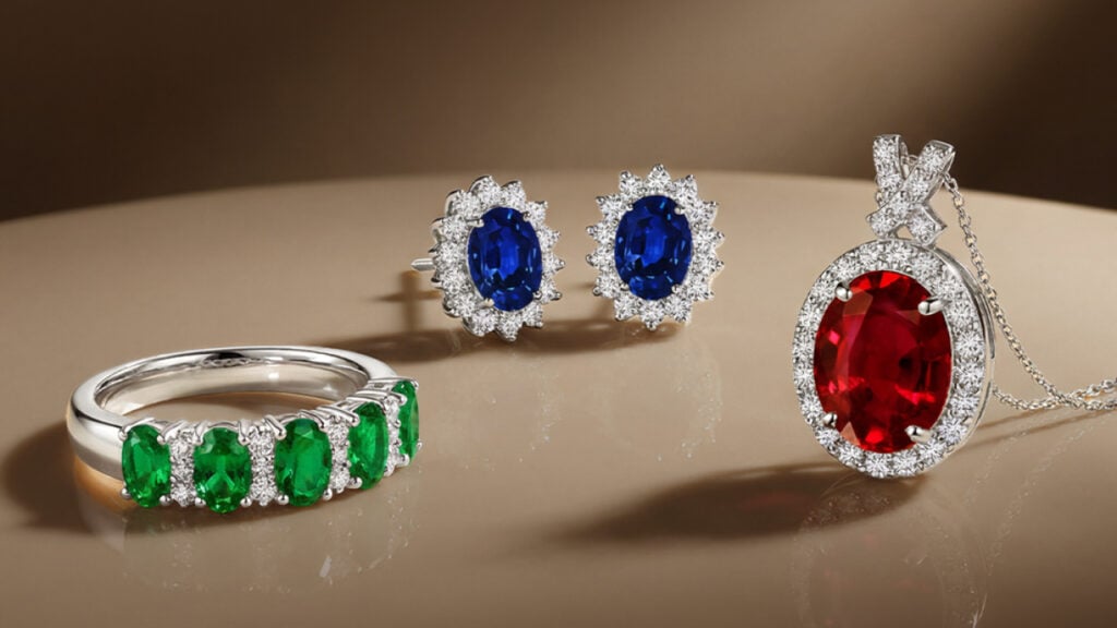 Emerald and diamond ring, sapphire stud earrings with diamonds, and a vintage-inspired oval-ruby and diamond pendant image