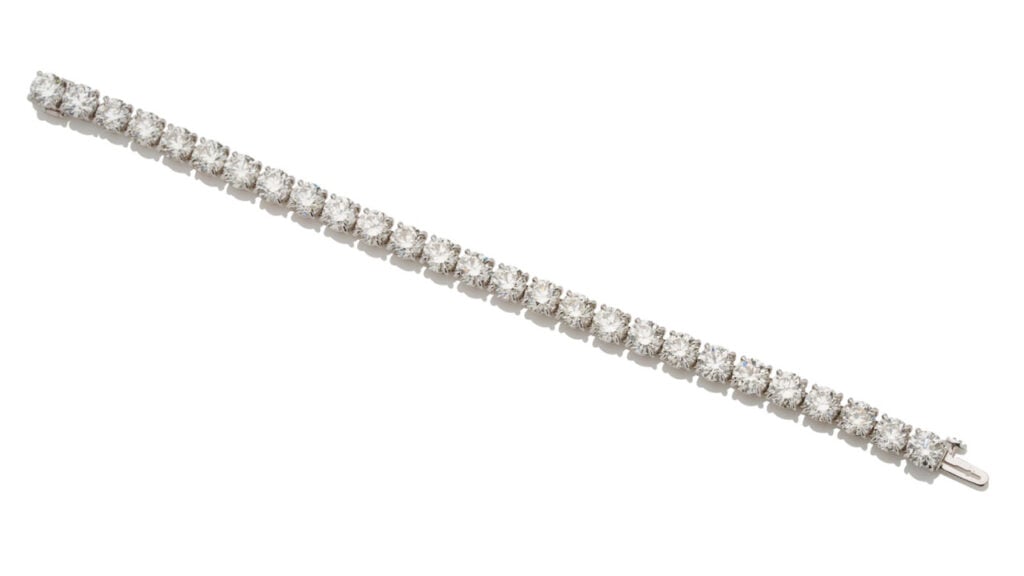 A bracelet featuring a single row of 27 round brilliant-cut diamonds weighing a combined 24.31 carats at Bonhams image