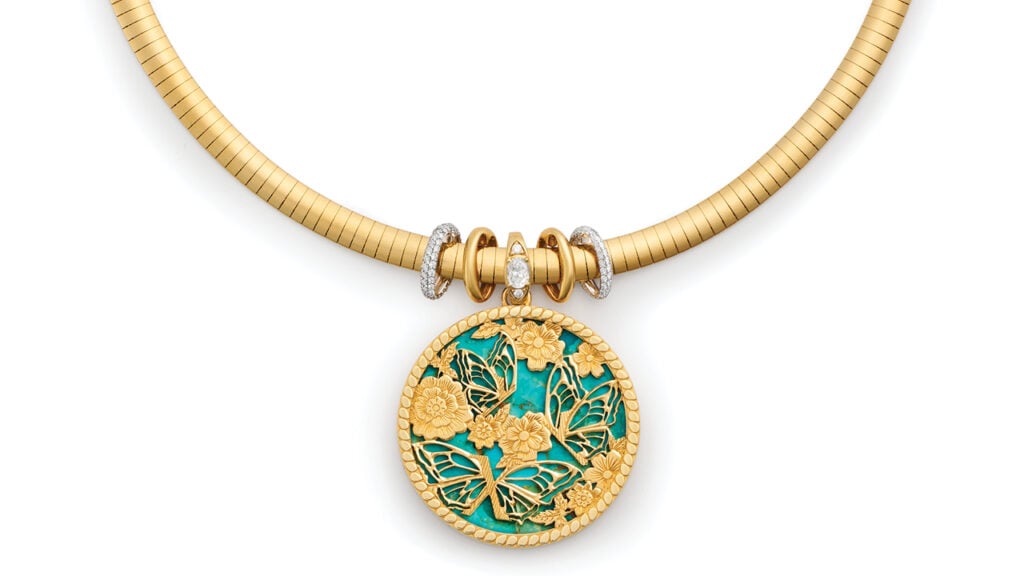 Butterfly Screen on Stone collar necklace in gold, turquoise and diamonds with Heart Beat slides image