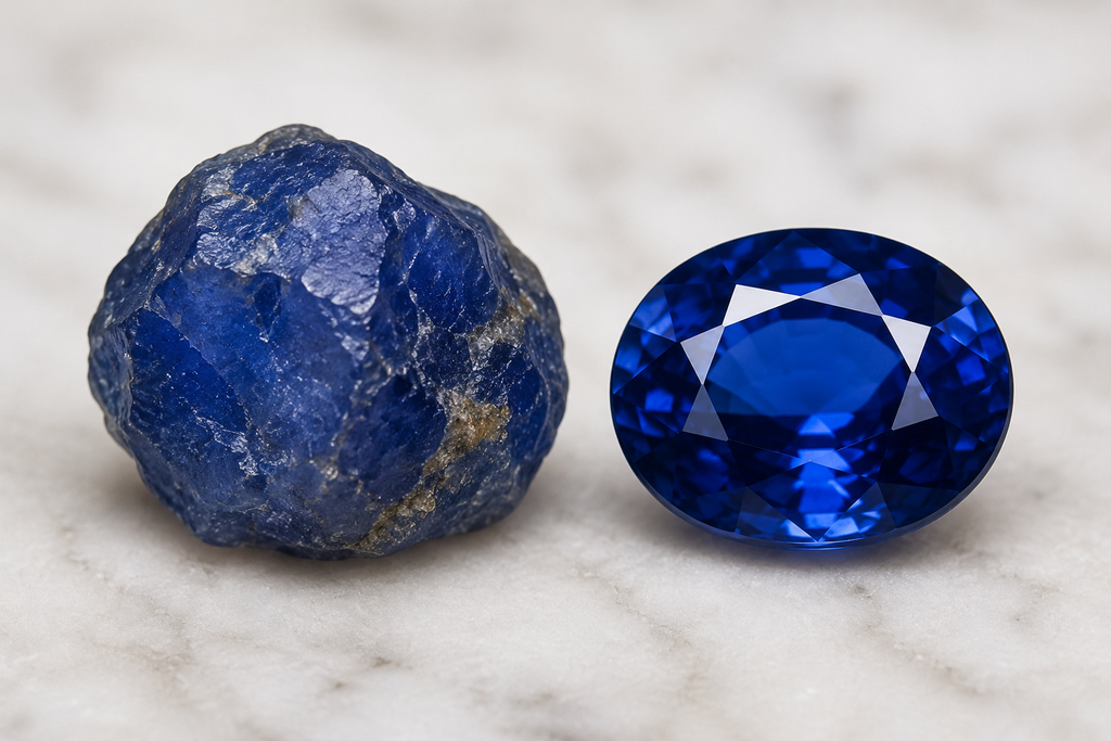 Unpolished sapphire next to a polished sapphire image.