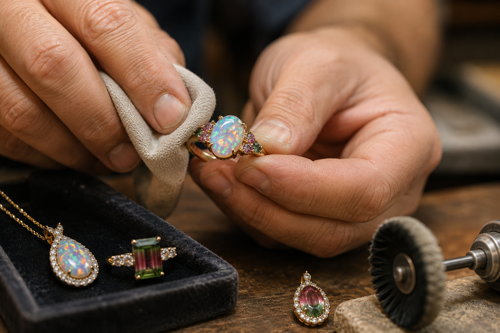 Jeweler polishing opal and tourmaline jewelry image