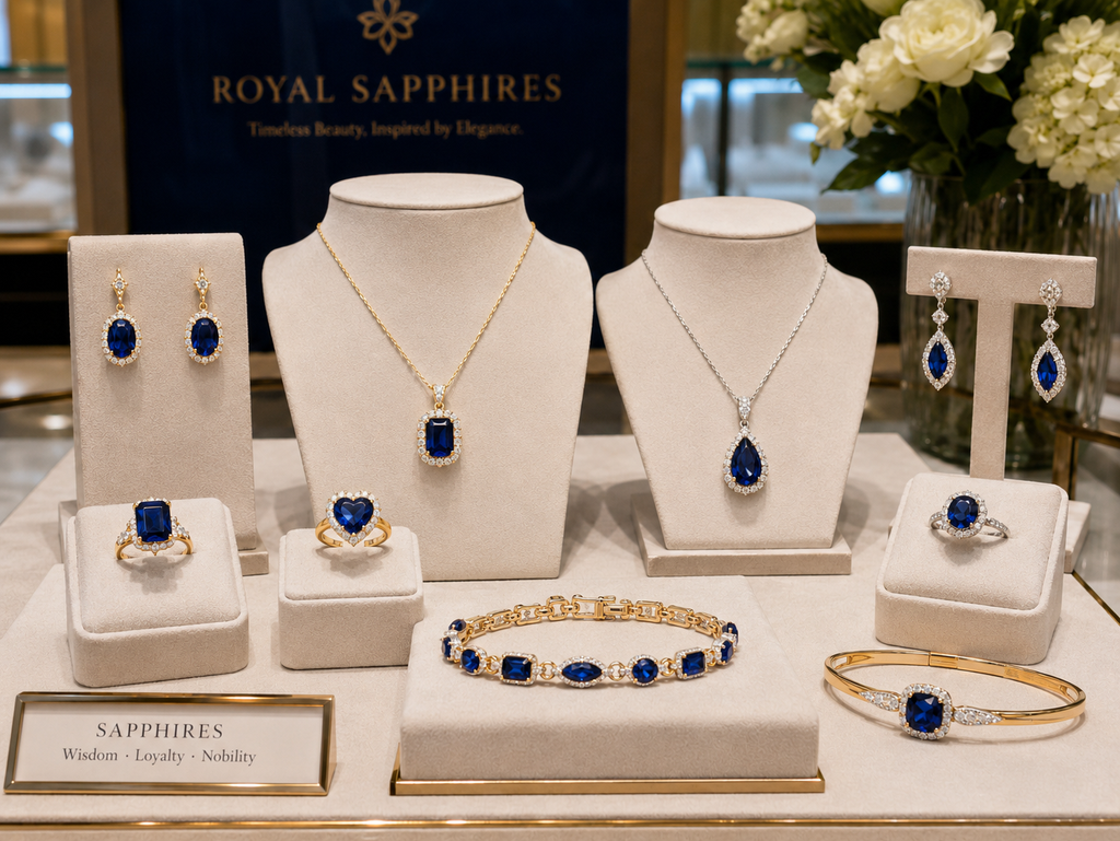 Jewelry display with sapphire and diamond jewelry image.