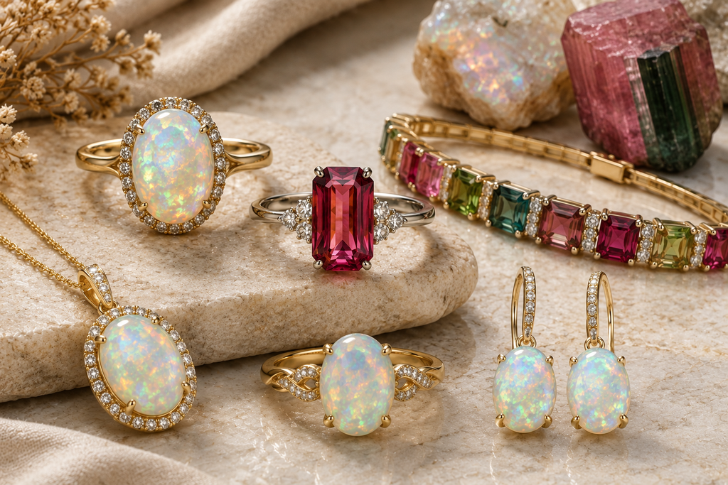 Assorted opal and tourmaline jewelry alongside rough unpolished stones image