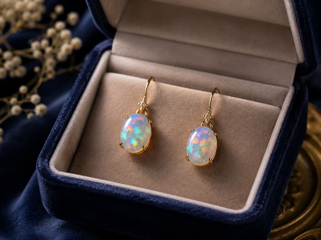 Gold opal earrings in a jewelry box image