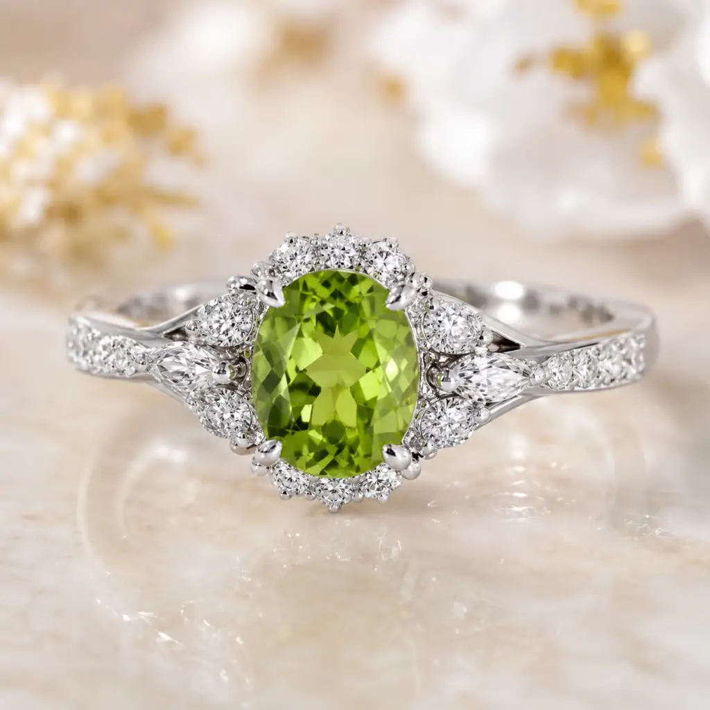 Peridot and diamond white gold ring