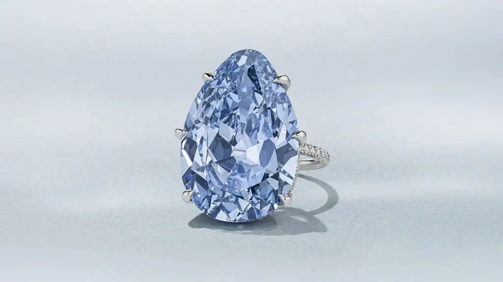 The Golconda Blue diamond ring from JAR features a pear-shaped, 23.34-carat, fancy-vivid-blue diamond. The owner withdrew it from sale, instead selling it to a family member, according to Christie’s image