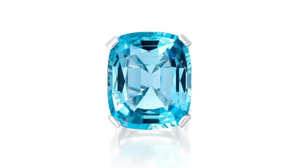 A ring bearing a cushion-shaped, 39.24-carat aquamarine at Phillips image
