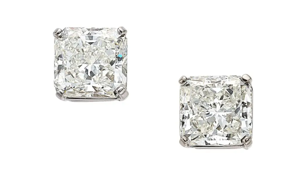 This pair of earrings contains square-cut diamonds, one a 5.39-carat, I, VS2 and the other a 5.41-carat, H, VVS2 stone at Heritage Auctions image