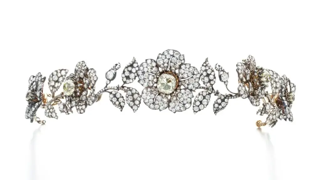 Created around 1840, this tiara with old mine- and rose-cut diamonds comes from Henrietta Scott, duchess of Portland. It’s designed as a garland of wild roses and can be transformed into five brooches and two pairs of ear clips at Sotheby's image