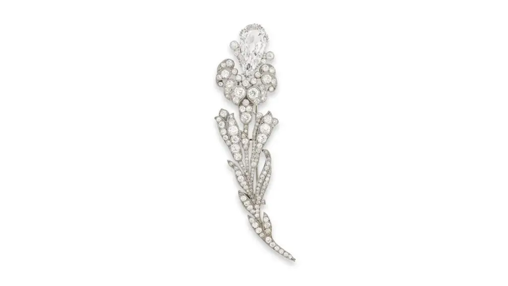 A Cartier brooch, another piece from the Vanderbilt collection. It’s designed as a lily spray, with a pear-shaped, 4.55-carat diamond as well as circular- and rose-cut diamonds at Phillips image