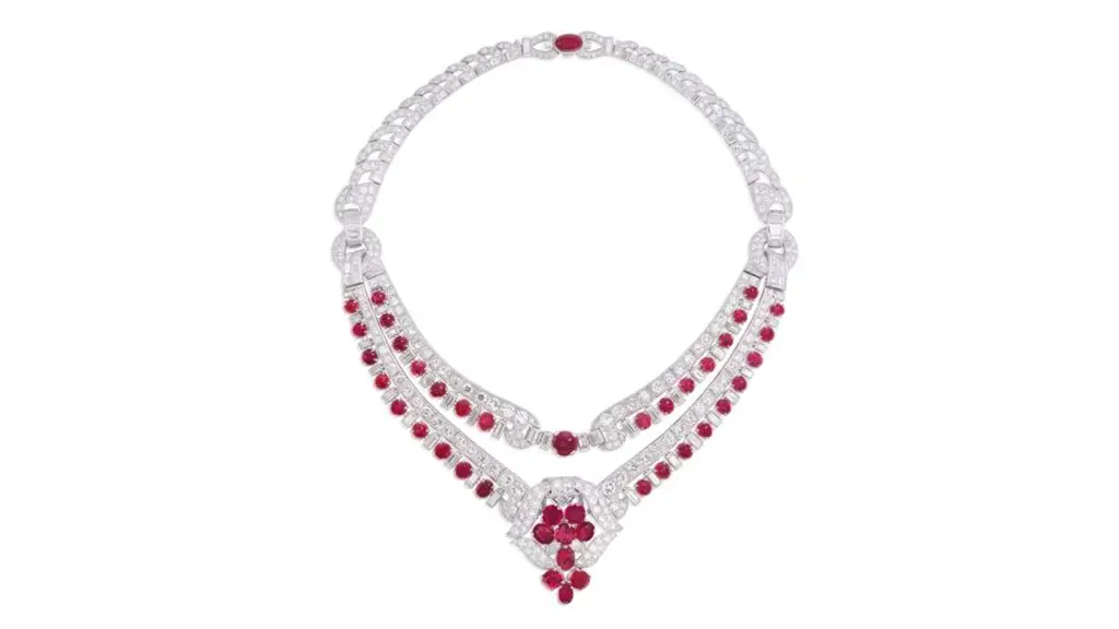 A Sterlé Art Deco necklace from 1935 can also be converted into a pair of bracelets. It’s designed with brilliant, old brilliant and single-cut diamonds, accented by cabochon-cut Burmese rubies alternating with baguette and step-cut diamonds at Bonhams image