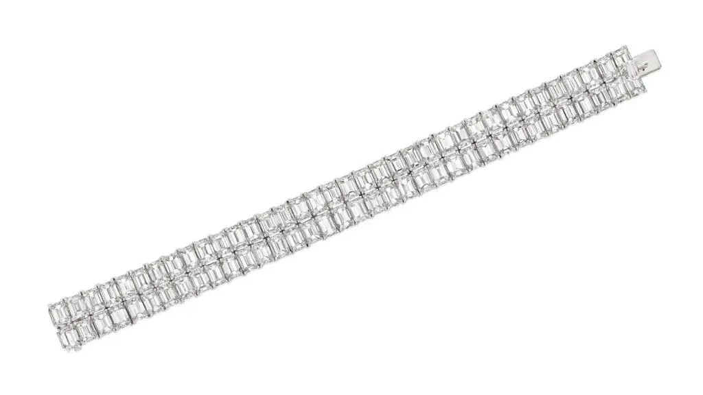A bracelet comprising two rows of emerald-cut diamonds totaling 75 carats at Bonhams image