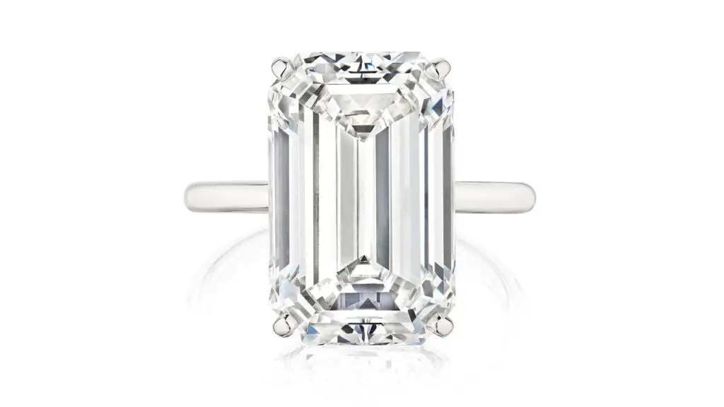 This Tiffany & Co. ring bears an emerald-cut, 10.08-carat, D-color, IF-clarity diamond at Bonhams image