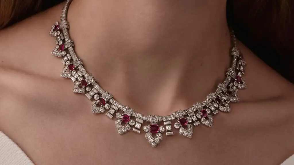 This Cartier necklace from circa 1935 features old brilliant-cut diamonds in palmette motifs, with additional baguette- and step-cut diamonds as well as oval and cushion-cut rubies graduating in size toward the center. The Burmese rubies weigh around 11 carats in total, and the diamonds approximately 22 carats at Bonhams image