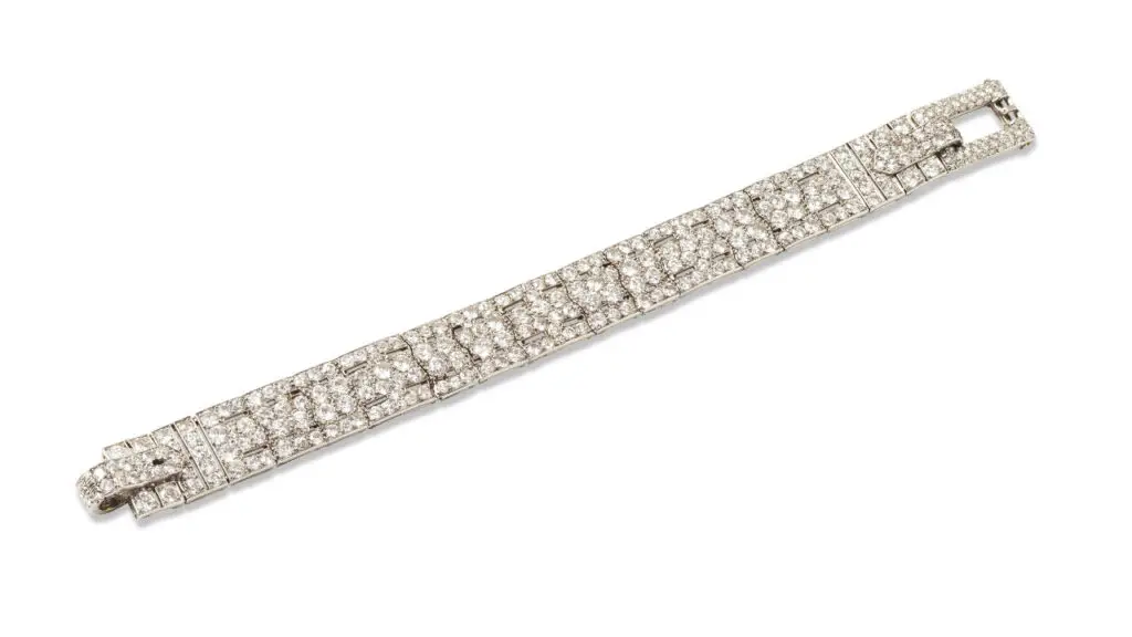 This diamond bracelet sports a series of fancy waved links, set with old brilliant-cut stones at Bonhams image