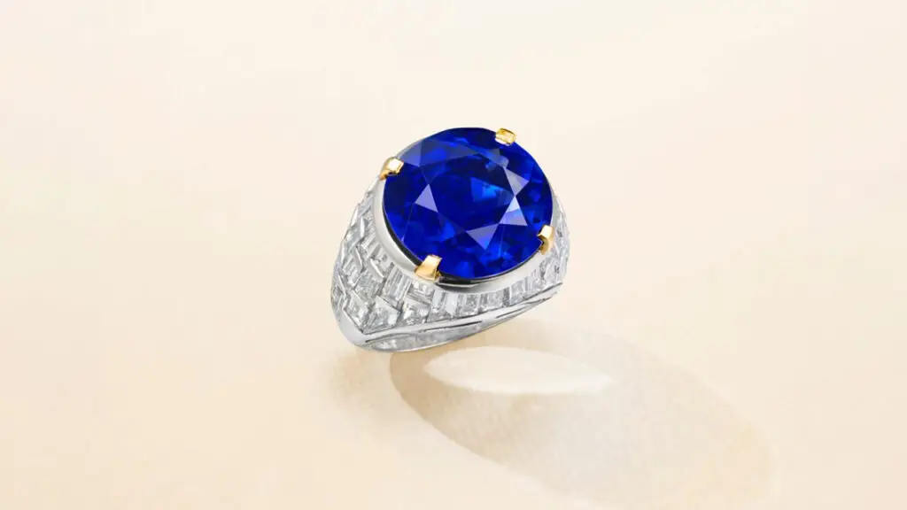 Another Bulgari ring, this one centering a roundish brilliant-cut, 13.95-carat Kashmir sapphire with baguette-cut diamonds at Christie's image