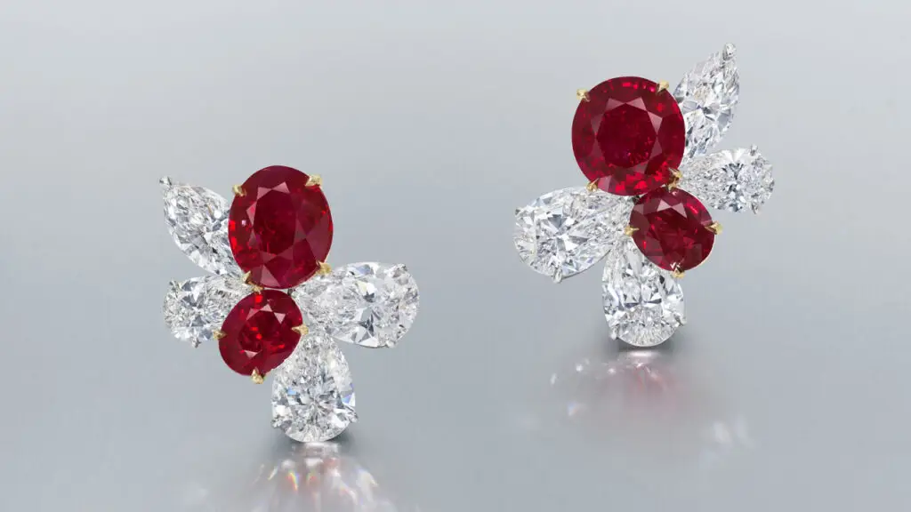 This pair of earrings designed as red butterflies contains oval-shaped, 2.03-, 2.11-, 5.01- and 5.05-carat Burmese rubies, as well as pear brilliant- and marquise brilliant-cut diamonds at Christie's image