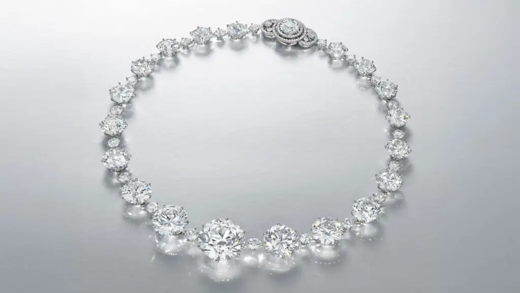 Christie’s sold this rivière necklace containing 25 E- to I-color diamonds totaling 88.14 carats, including five round brilliant stones weighing 8.57, 10.01, 12.86, 13.81, and 31.71 carats at Christie's image