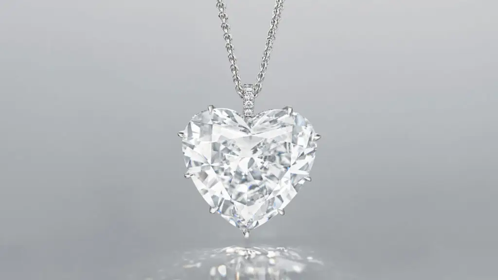A necklace sporting a heart brilliant-cut, 30.87-carat, D, VVS1, type IIa diamond, which can be detached and worn as a ring at Christie's image