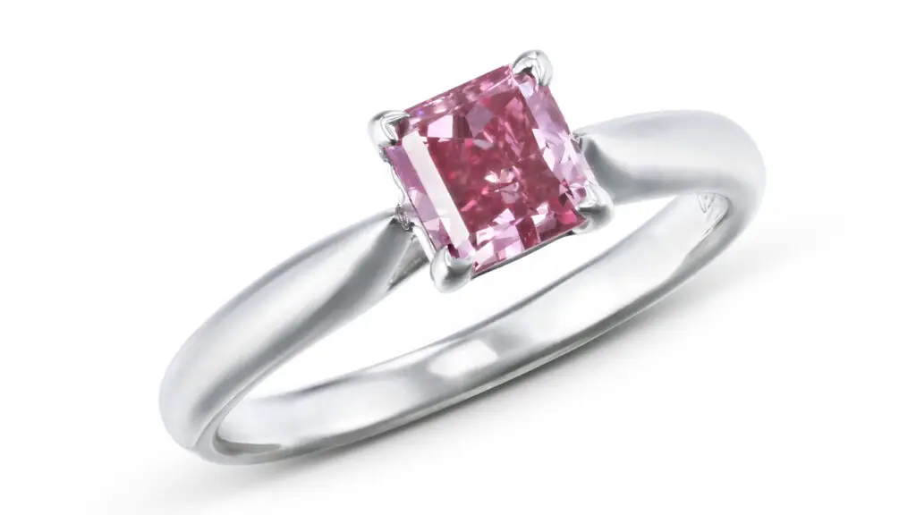 This ring has a cut-cornered square modified-cut, 0.86-carat, fancy-vivid-purplish-pink, SI2-clarity diamond at Christie's image