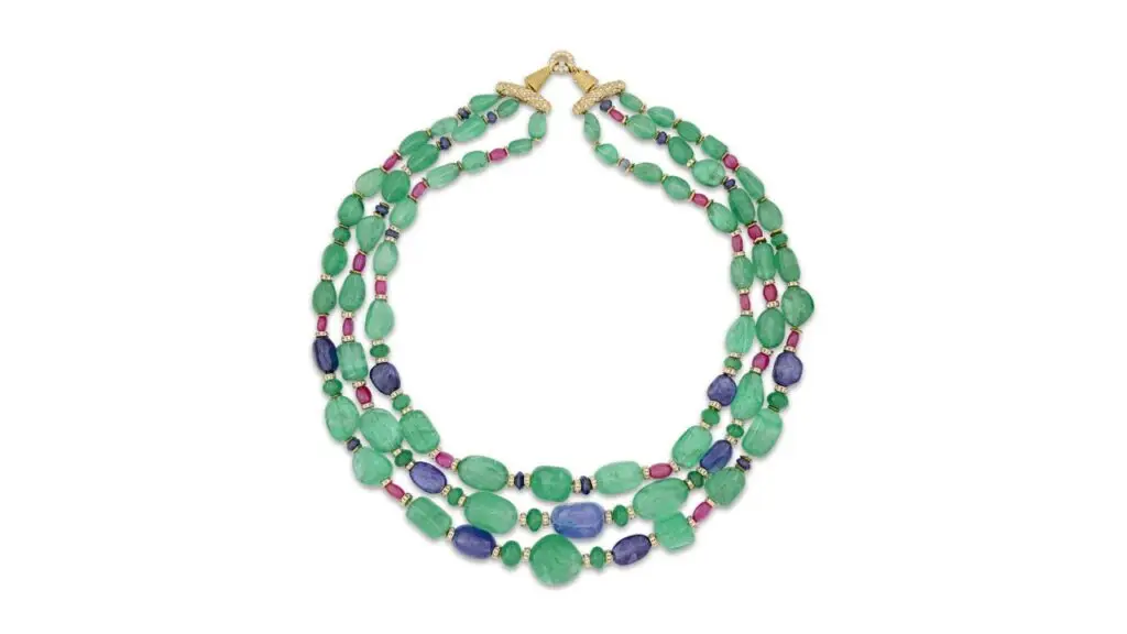 This Bulgari Sassi necklace with emerald, ruby and sapphire beads and round diamonds flew past its high estimate at Christie's image