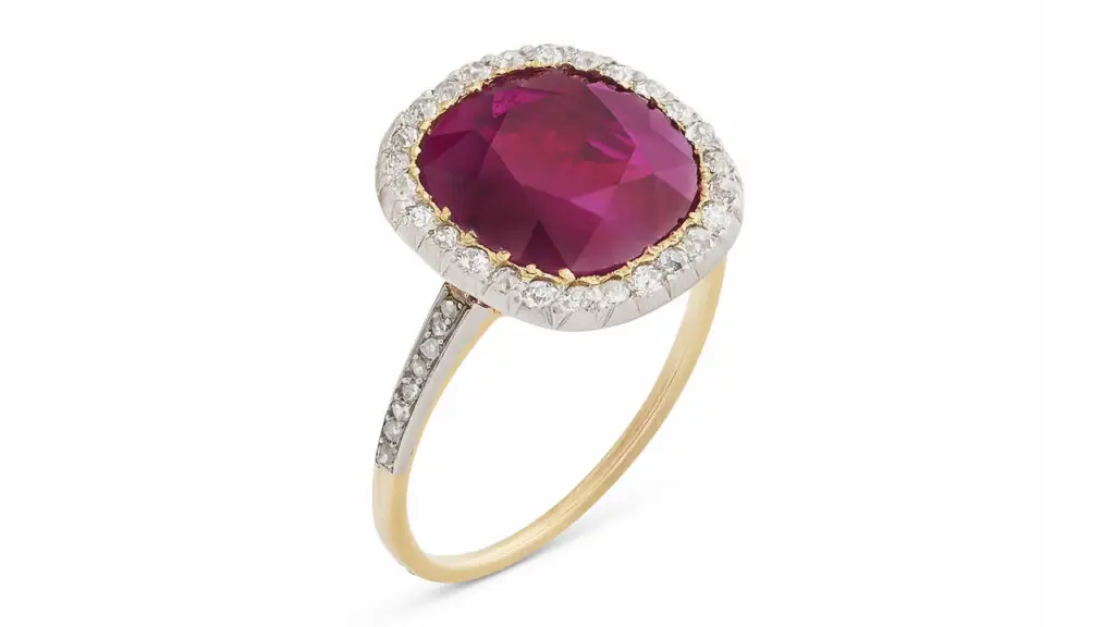 A cushion-shaped, 5.24-carat Burmese ruby is the star of this ring. The jewel also features old- and rose-cut diamonds at Christie's image