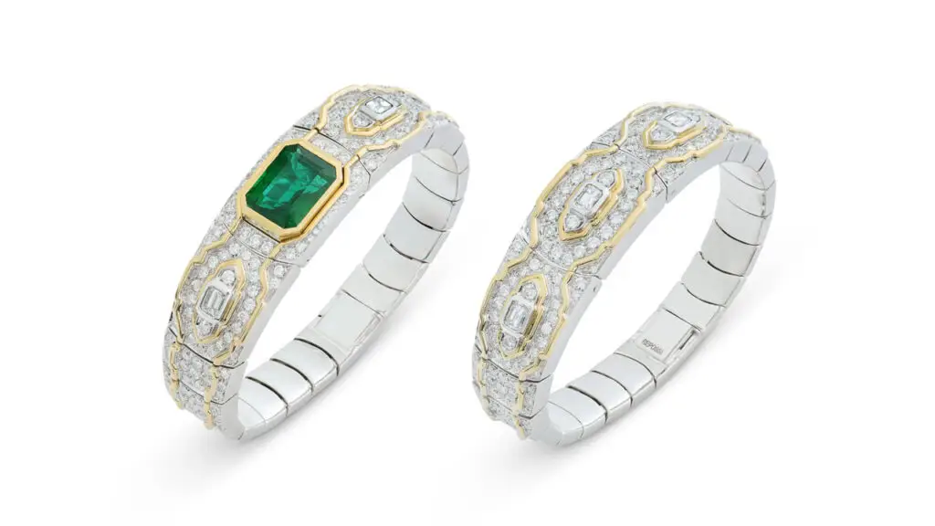 Two bracelets featuring round and octagonal-shaped diamonds, with one centering an octagonal step-cut, 8-carat Zambian emerald at Christie's image