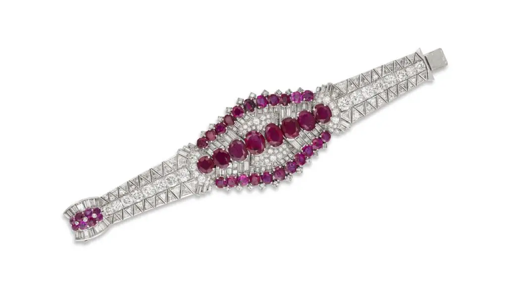 This bracelet comprises 40 oval and round Burmese and Thai rubies with an approximate weight of 30 to 35 carats, as well as 25 to 27 carats of diamonds at Christie's image