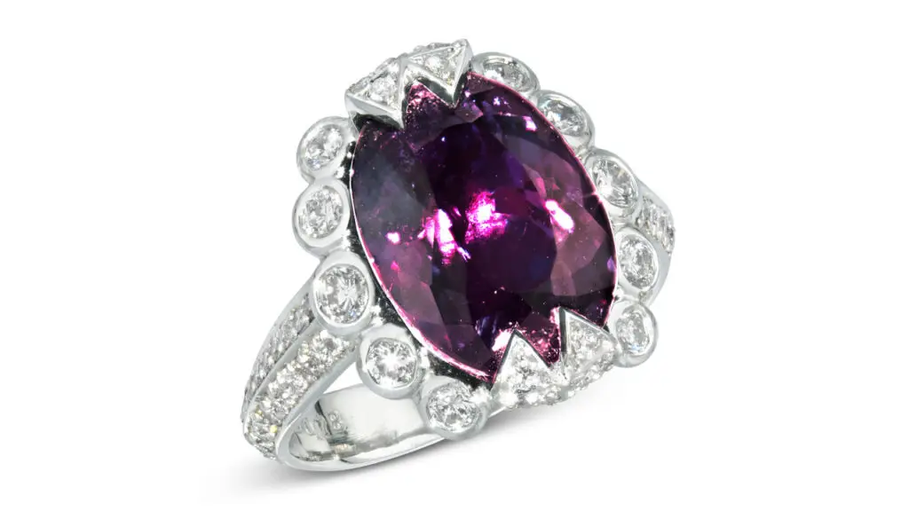 The ring features an oval modified brilliant-cut, 8.97-carat Brazilian alexandrite with moderate color-change from green-blue to reddish-purple at Christie's image