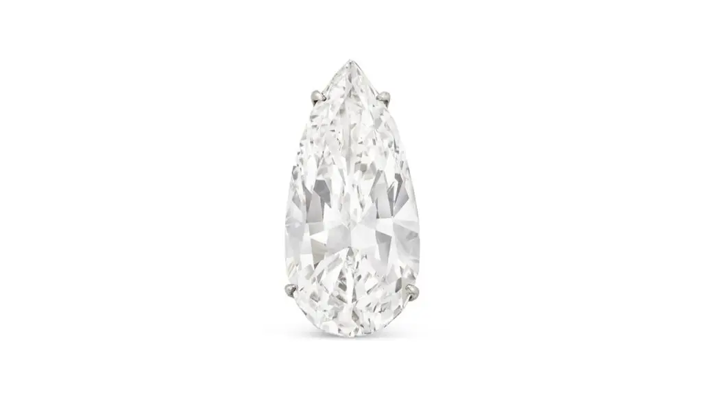 A pendant sporting a pear brilliant-cut, 14.10-carat, G, VVS2 diamond with the potential to be internally flawless at Christie's image