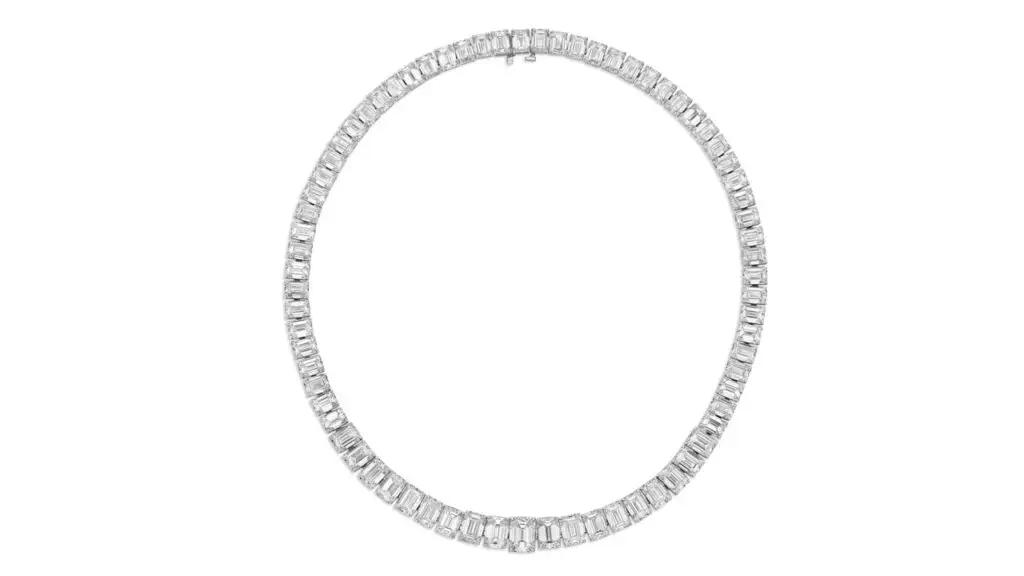 This rivière necklace comprises 73 emerald-cut diamonds totaling 86.58 carats, with colors ranging from G to I and clarity from internally flawless to VS2 at Christie's