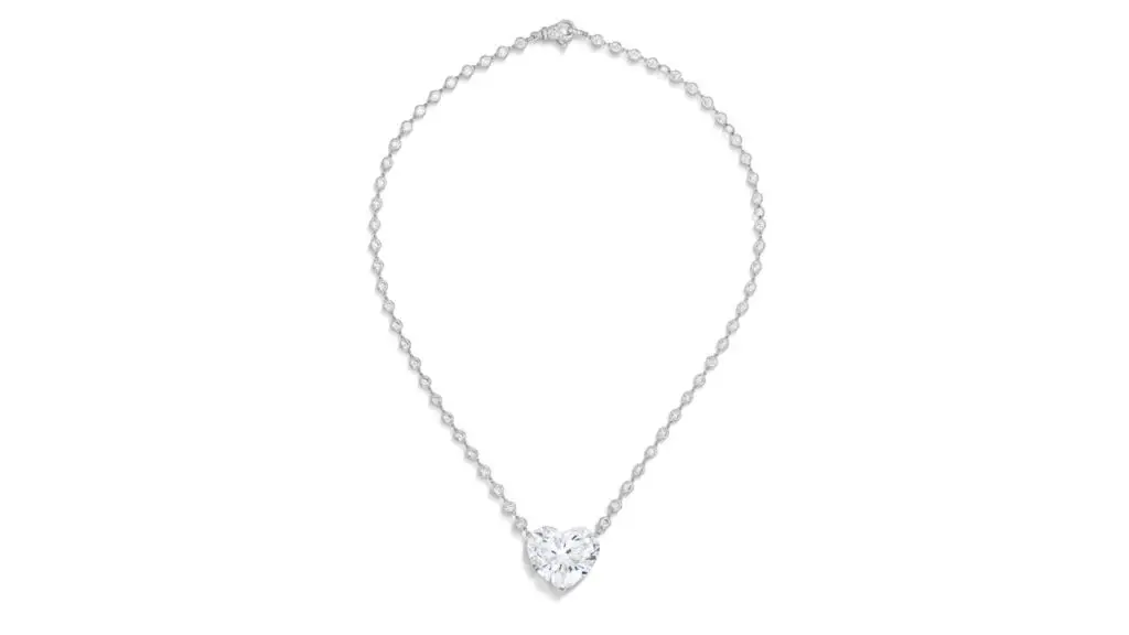 A Ronald Abram necklace sports a heart brilliant-cut, 36.20-carat, D diamond and round diamonds along the chain at Christie's image