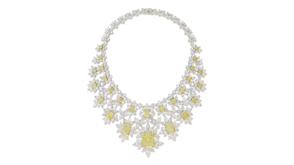 Attributed to design house Fred, this necklace has cushion rectangular modified brilliant-cut, fancy-intense-yellow diamonds weighing 41.35, 6.21, 5.87 and 3.73 carats, fancy-yellow diamonds of the same cut weighing 12.30 and 11.21 carats, and additional diamonds at Christie's image