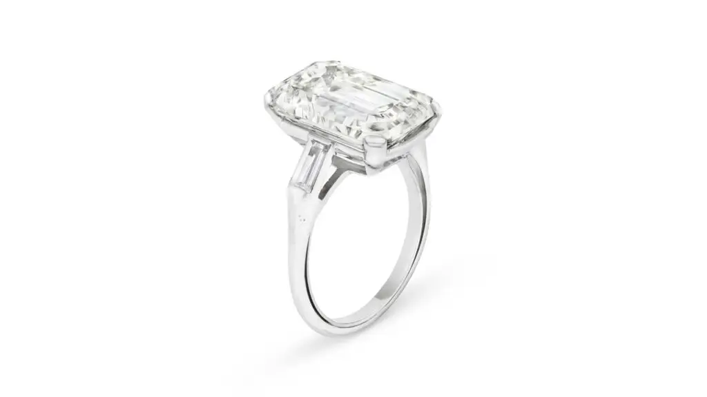 A ring with an emerald-cut, 11.09-carat, K, VVS1 diamond with the potential to be internally flawless at Christie's image