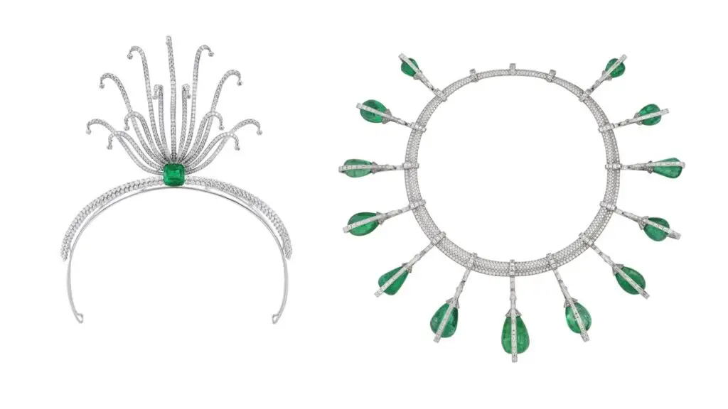 This Cartier set comprising the Nepal Emeralds necklace and tiara. The necklace contains 13 Colombian emerald cabochon drops weighing between 11.38 to 57.82 carats, while the tiara carries a square-shaped, 11.76-carat emerald. Both pieces include additional round diamonds at Christie's image