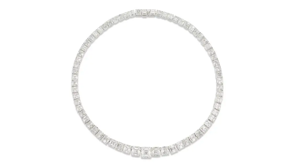 A necklace bearing 67 square emerald-cut diamonds ranging from 1 to 5.14 carats at Christie's image