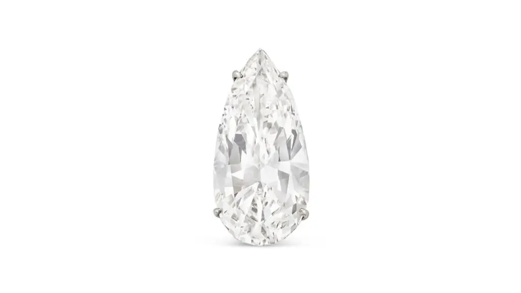 A pendant featuring a pear brilliant-cut, 14.10-carat, G, VVS2 diamond with the potential to be internally flawless at Christie's image